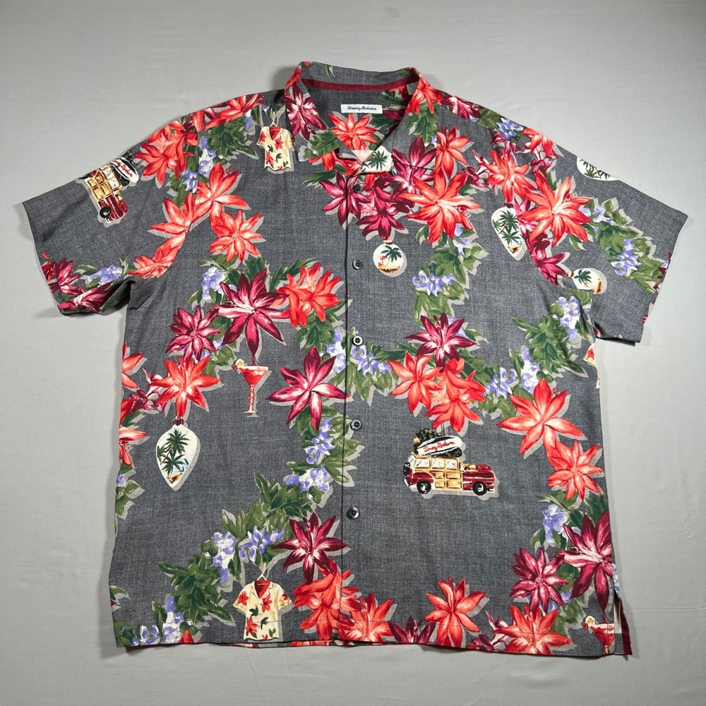 Tommy Bahama Mens XL Christmas Mele Kalikimaka Woodie Poinsettia Camp Shirt Gray